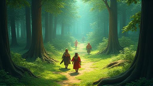 Screenshot from a vibrant online fantasy role-playing game showing characters in a detailed forest environment with UI elements.