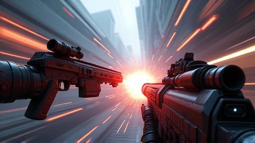 Screenshot from a fast-paced competitive online first-person shooter, displaying intense action in a futuristic urban map.